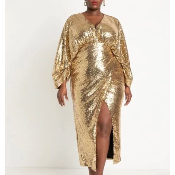 NEW Eloquii Maxi Dress Plus Size 20 Gold Sequin V-Neck Elegant Party Dolman - Picture 1 of 12